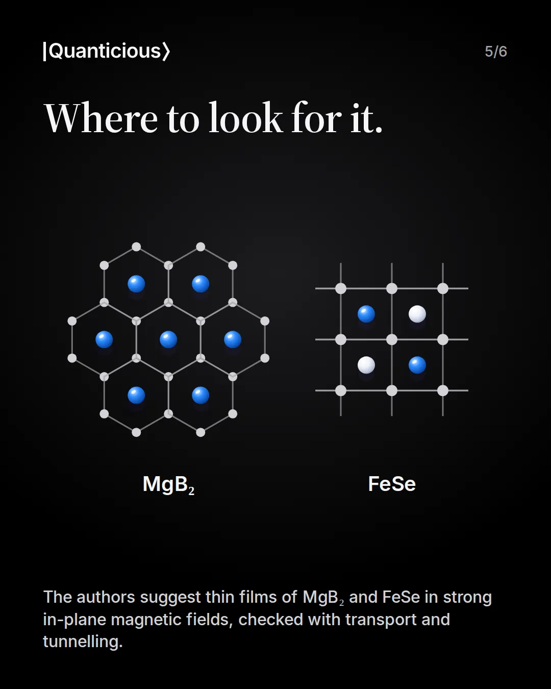 Slide 5: Where to look for it. Top views of the crystal lattices of MgB2 and FeSe. Note: the authors suggest thin films in strong in-plane magnetic fields, checked with transport and tunnelling.